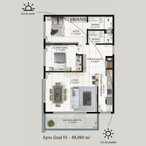 Apartamento com 88m², 2 dormitórios, 1 suíte, 2 vagas no Residencial Acrópole em Torres para Comprar