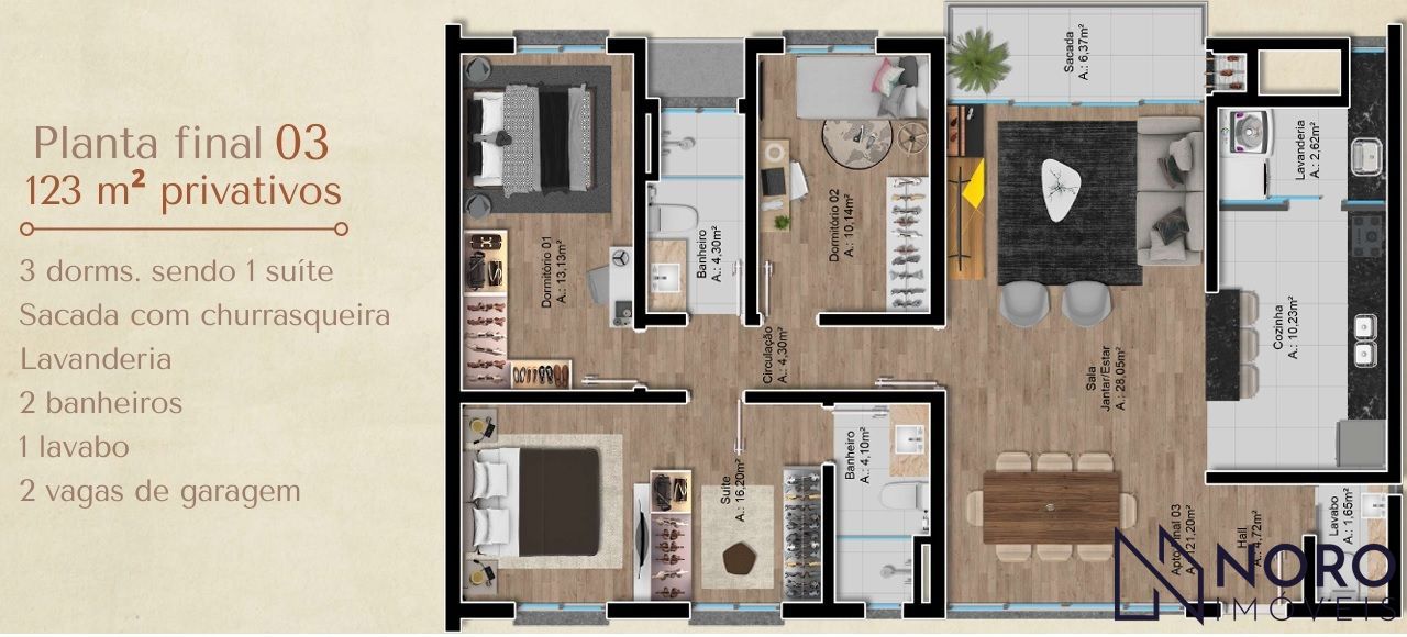 Spalla Residence Apartamento com 3 Dormitórios, Suíte e 123m² Privativos no Ce