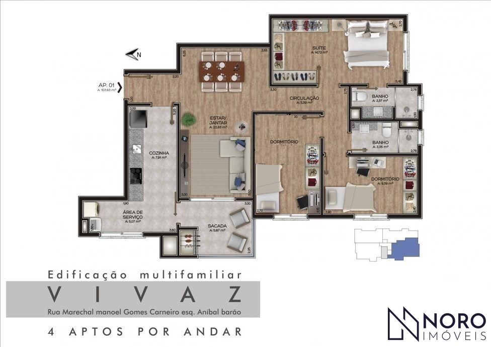 Apartamento Semi Mobiliado de 3 Dormitórios com Suíte e 2 Garagens no Bairro Men