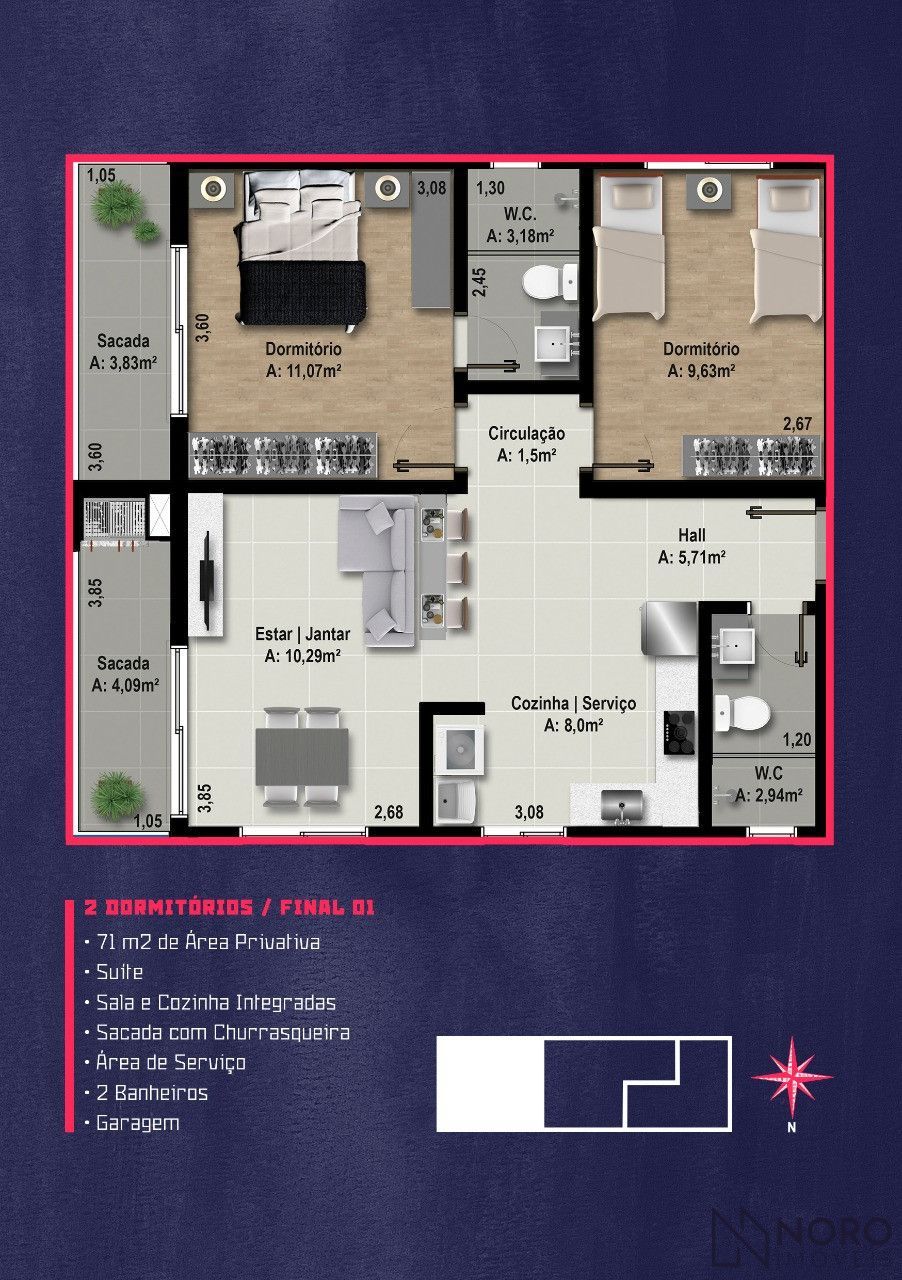 Apartamento com 02 dormitórios, 2 sacadas, churrasqueira e garagem