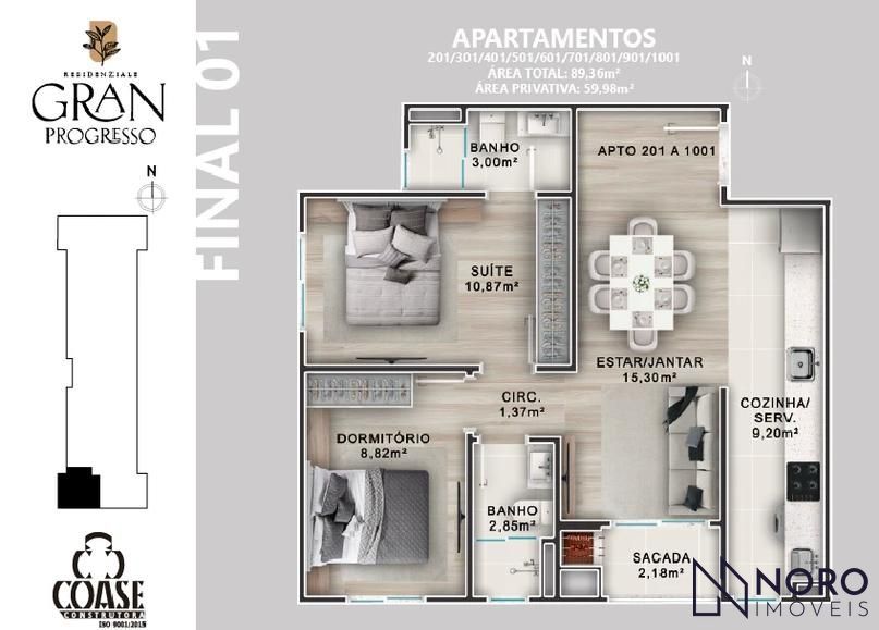 Apartamento 2 dormitórios (1 suite) sala de estar e jantar, sacada com churrasqu