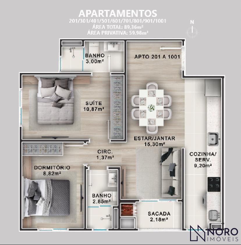 Apartamento 2 dormitórios (1 suite) sala de estar e jantar, sacada com churrasqu