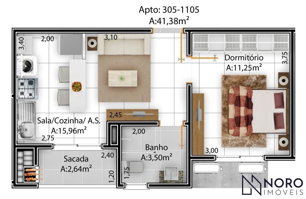 Apartamento Semi-Mobiliado com 1 Dormitório à Venda Próximo à UFN Excelente pa