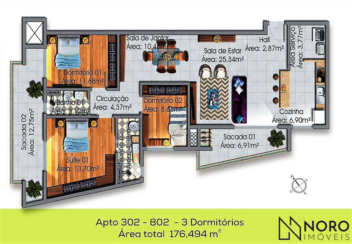 Apartamento Mobiliado 3 Dormitórios (1 Suíte) 137,9m² Sacada Gourmet e Box D