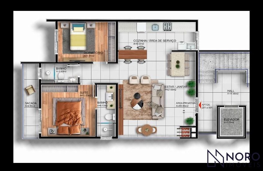 Apartamento 2 Dormitórios com Suíte e 2 Vagas de Garagem, sacada, gesso, churras