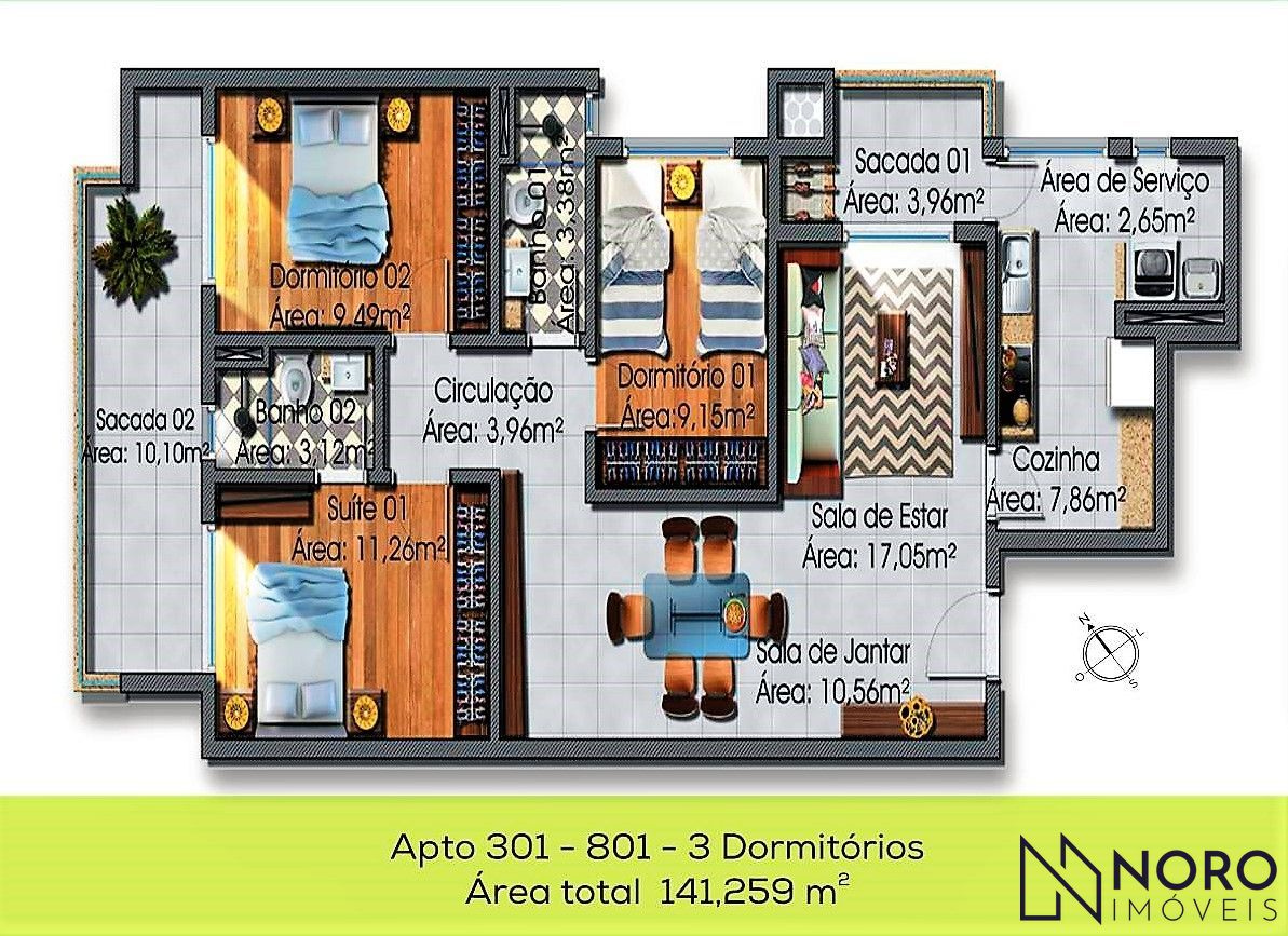 Apartamento Mobiliado com 3 Dormitórios, Suíte e 2 Garagens – Amplo, Moderno e c