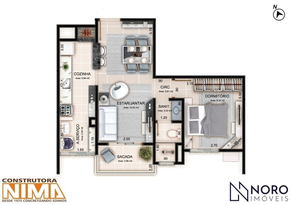 Apartamento semimobiliado de 1 dormitório com garagem no Centro