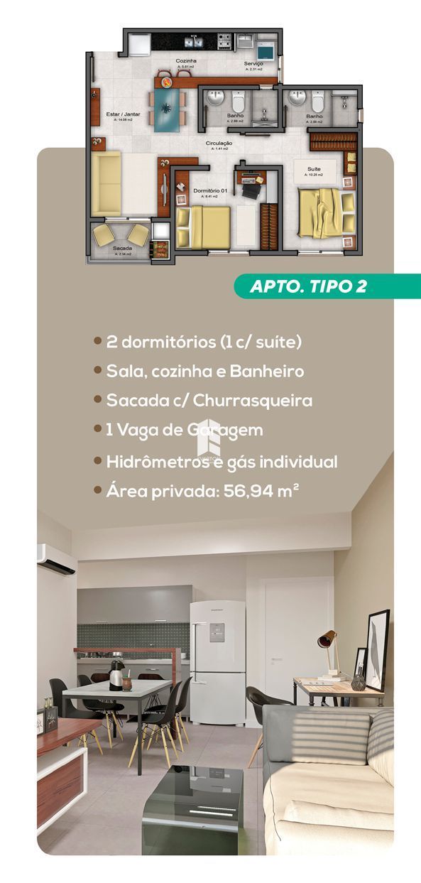 Apartamento de 2 quartos, 56m² no bairro São José, em Santa Maria | Eu Corretor