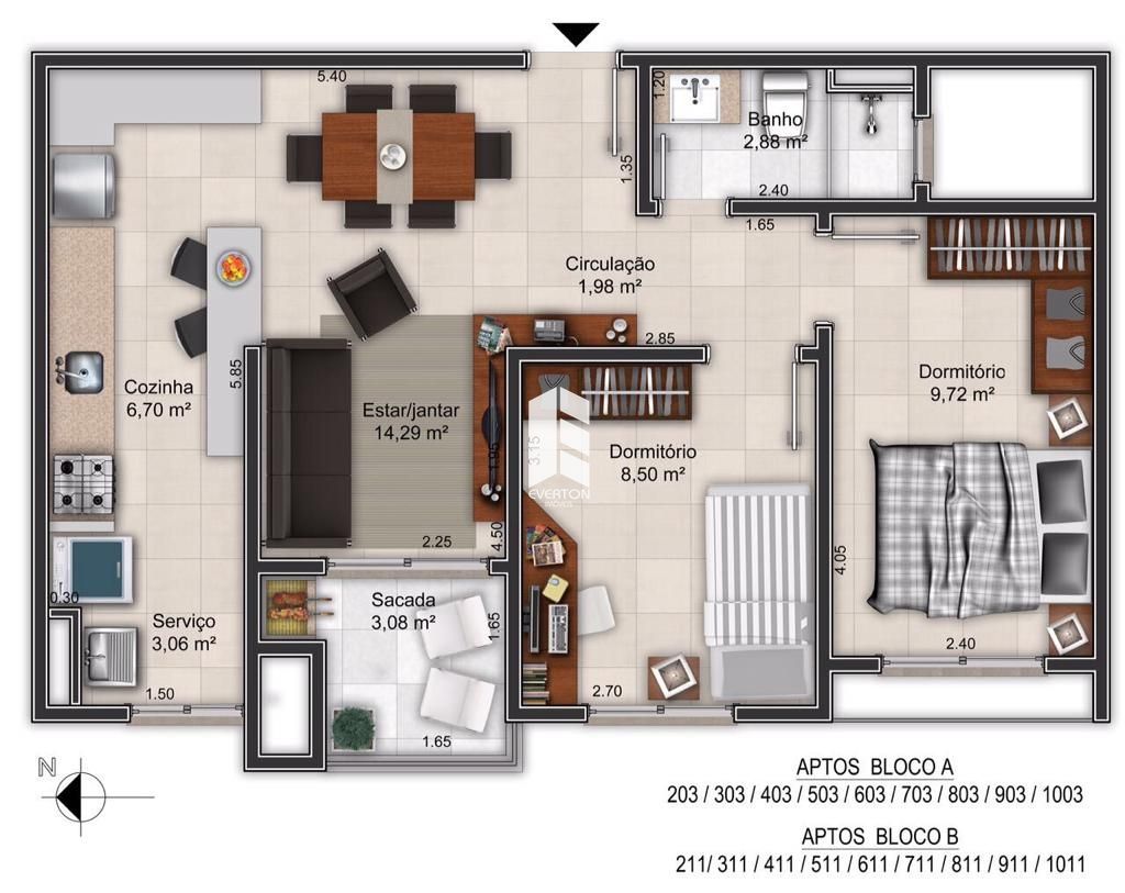 Apartamento de 2 quartos, 57m² no bairro Nossa Senhora de Fátima, em Santa Maria | Eu Corretor