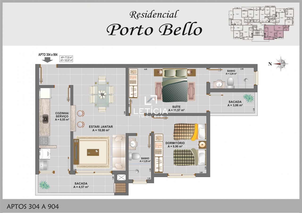 Apartamento com 2 Dormitórios à venda, 77 m² por R$ 465.168,00