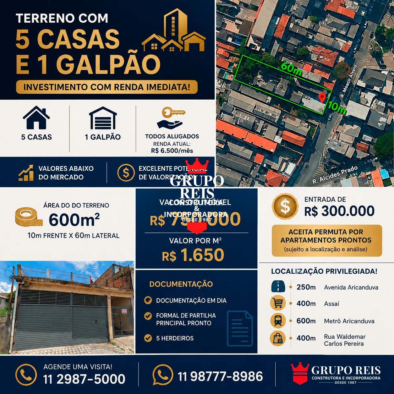 Terreno com 5 casas e galpão 600m² por apenas R$ 750 mil