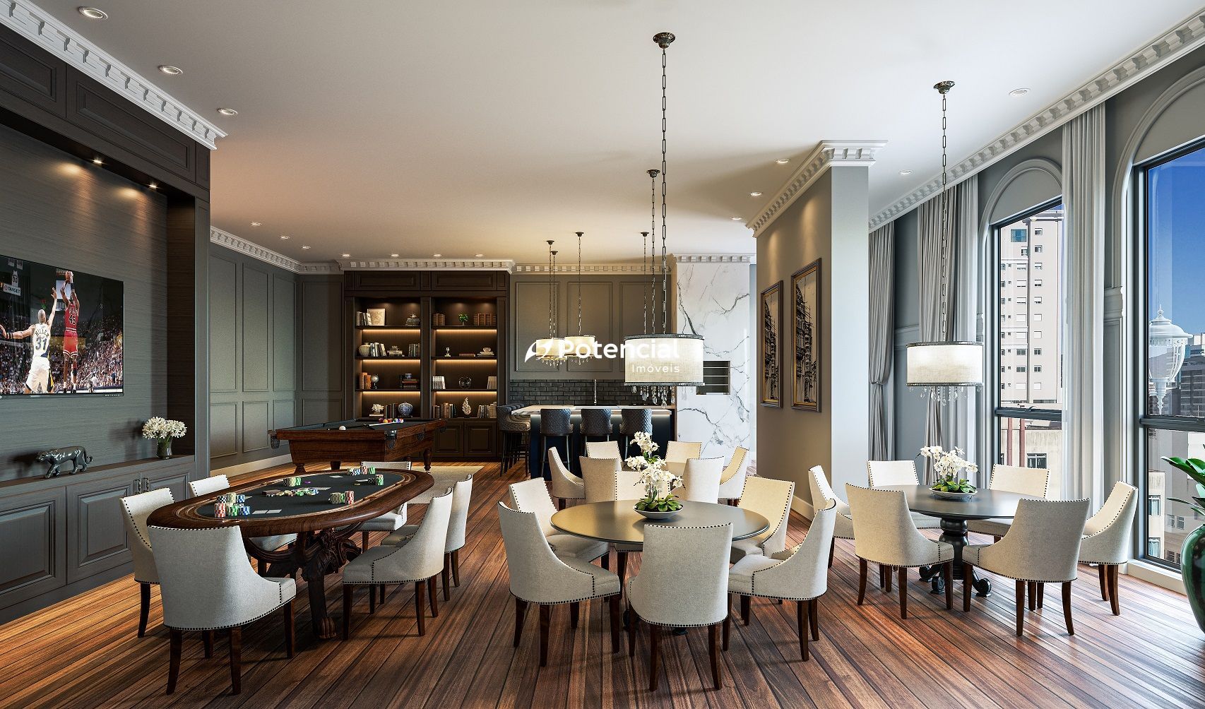 Sala de jogos com mesa e poker e snooker com espaço gourmet  Belíssimo