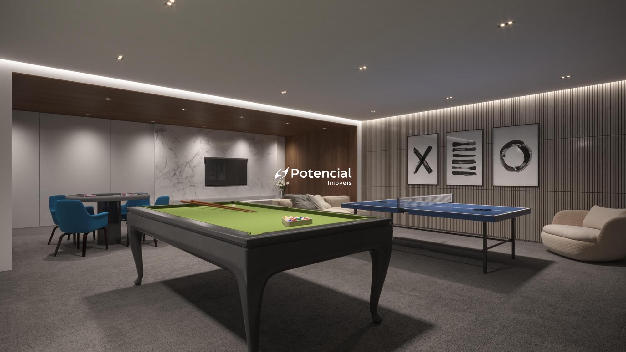 Sala de jogos com mesa de snooker e carteado Lumiere Residence