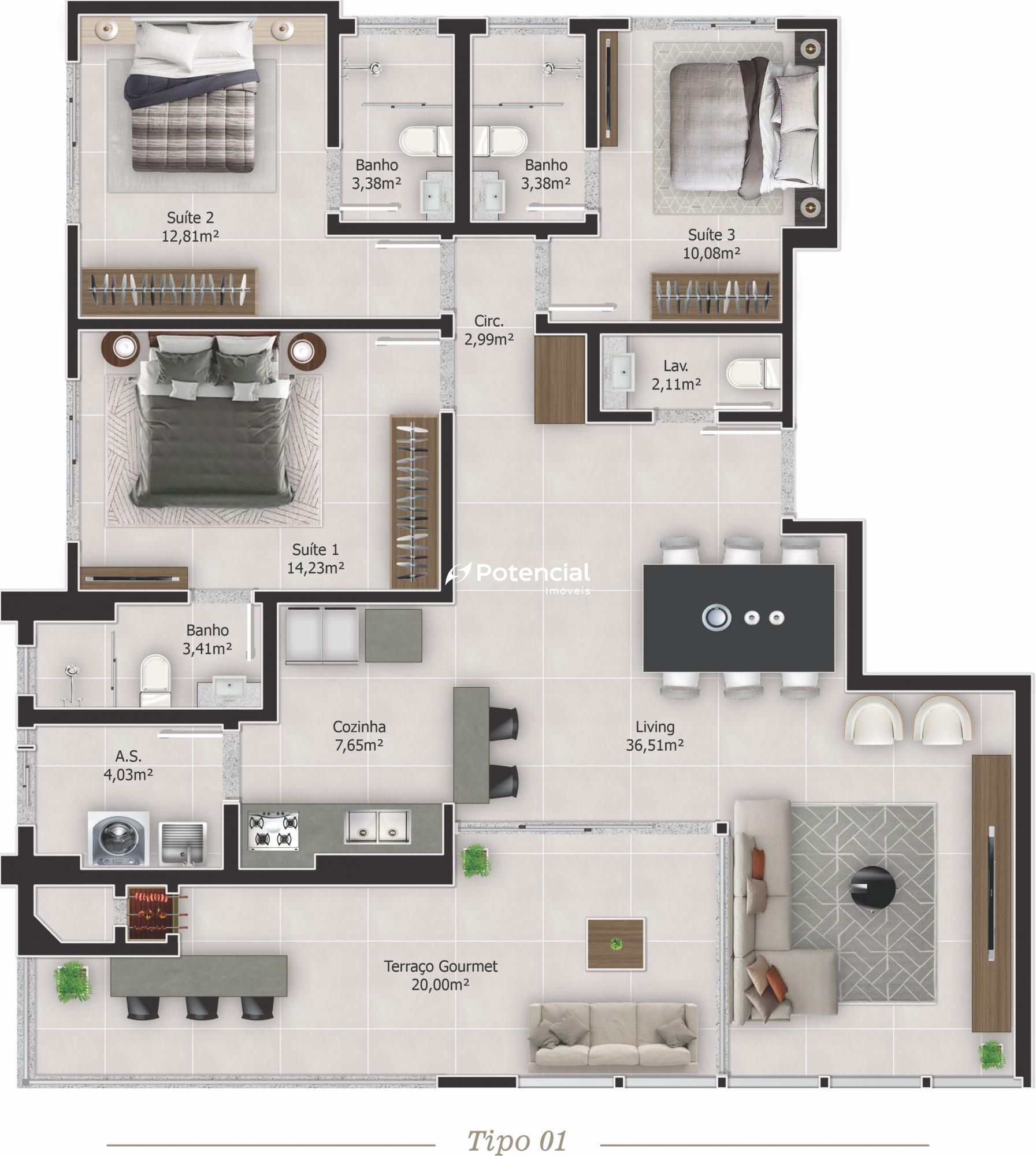 Planta tipo 1 | Empreendimento Costa Maya