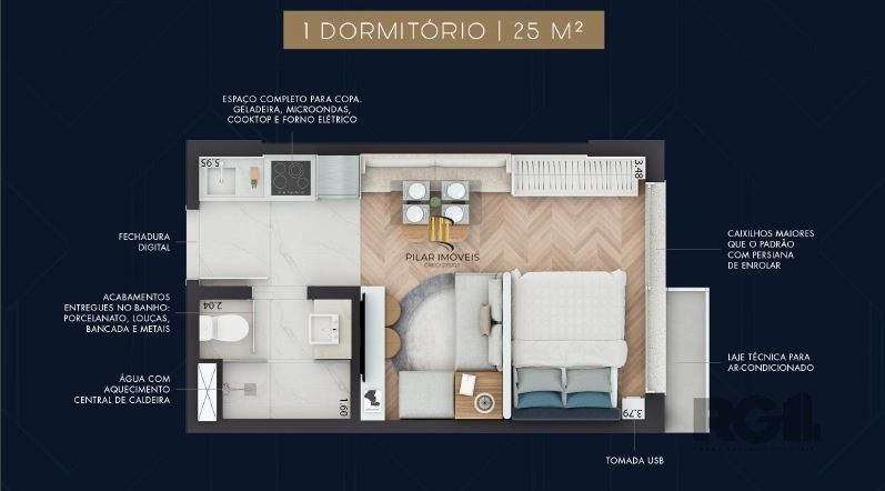 Apartamento 1 dormitório, banheiro social e cozinha americana