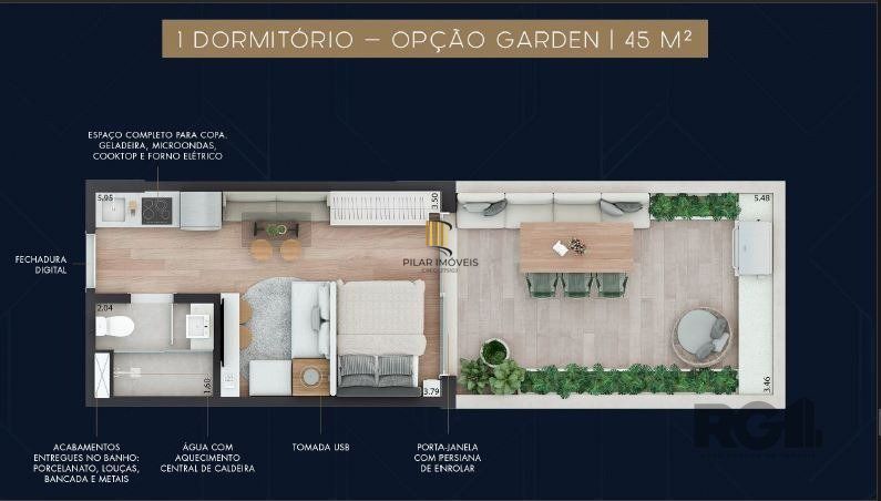 Apartamento 1 dormitório, banheiro social e cozinha americana
