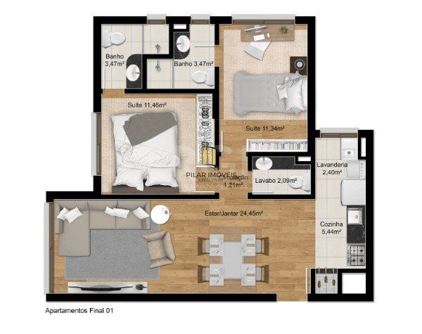 Apartamento para Venda - 70.67m², 2 dormitórios, sendo 1 suites, 2 vagas - Petrópolis