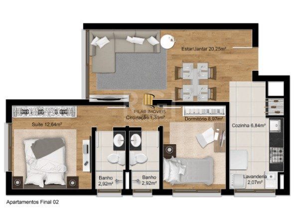 Apartamento para Venda - 70.67m², 2 dormitórios, sendo 1 suites, 2 vagas - Petrópolis