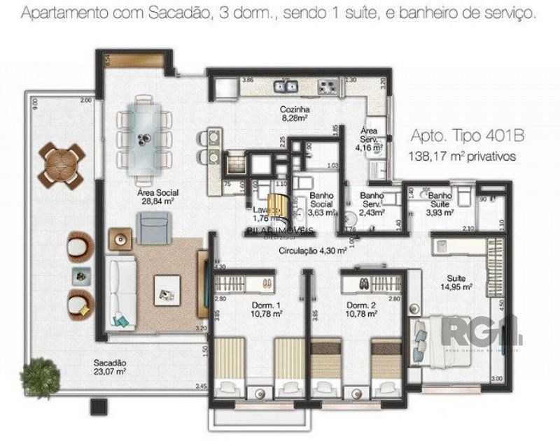 Apartamento para Venda - 138.33m², 3 dormitórios, sendo 1 suites, 3 vagas - Centro