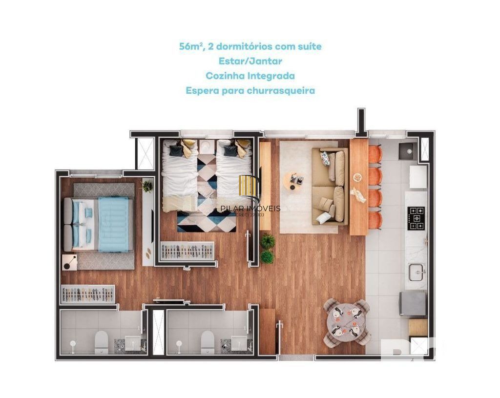 Apartamento de 2 dormitórios, suíte e espera para churrasqueira ou lareira. - Pilar Imóveis