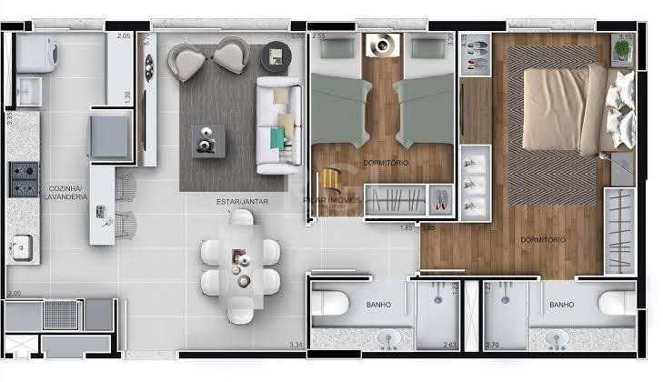 Apartamento para Venda - 60.6m², 2 dormitórios, sendo 1 suites, 1 vaga - Marechal Rondon