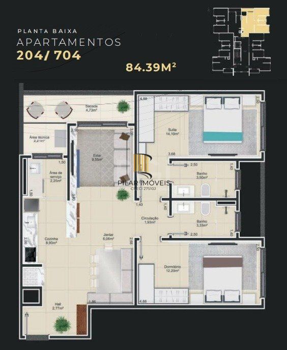 Apartamento para Venda - 84.39m², 2 dormitórios, sendo 1 suites, 1 vaga - Centro