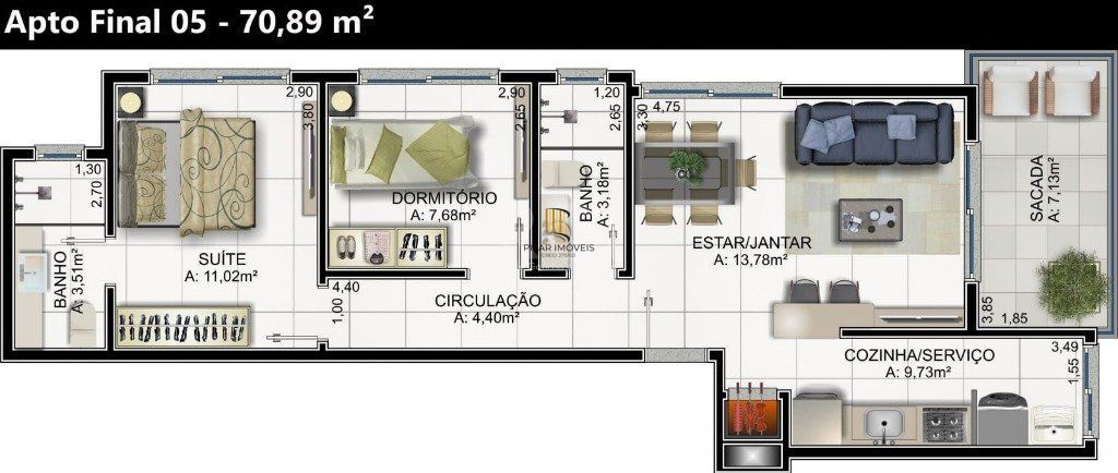 Apartamento para Venda - 70.89m², 2 dormitórios, sendo 1 suites, 1 vaga - Praia da Cal