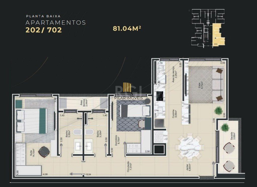 Apartamento para Venda - 81.04m², 2 dormitórios, sendo 1 suites, 1 vaga - Centro