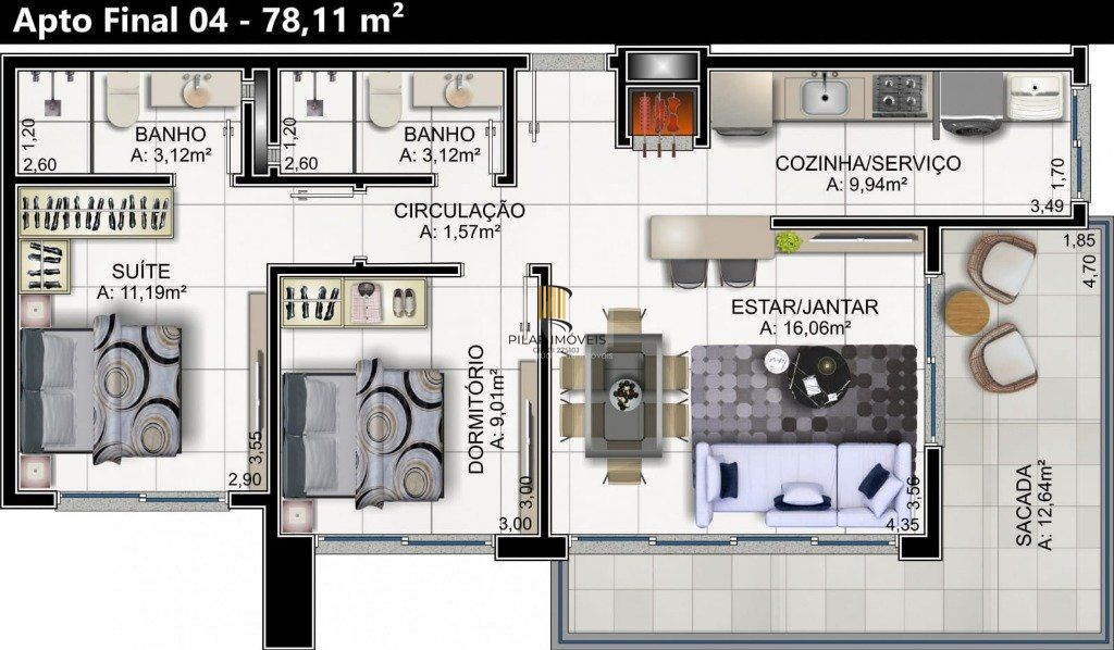 Apartamento para Venda - 78.11m², 2 dormitórios, sendo 1 suites, 1 vaga - Praia da Cal