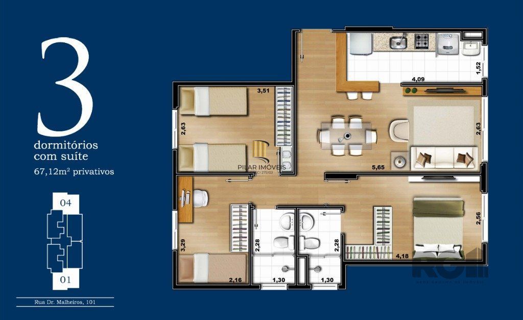Apartamento com 3 Quartos, 1 suíte, 2 vagas, 67 m² por R$ 395.000,00