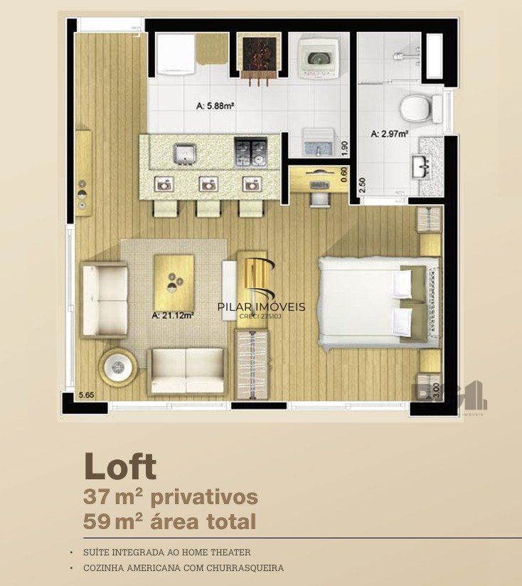 Apartamento 1 dormitório de 37m² e 1 vaga com super estrutura condominial