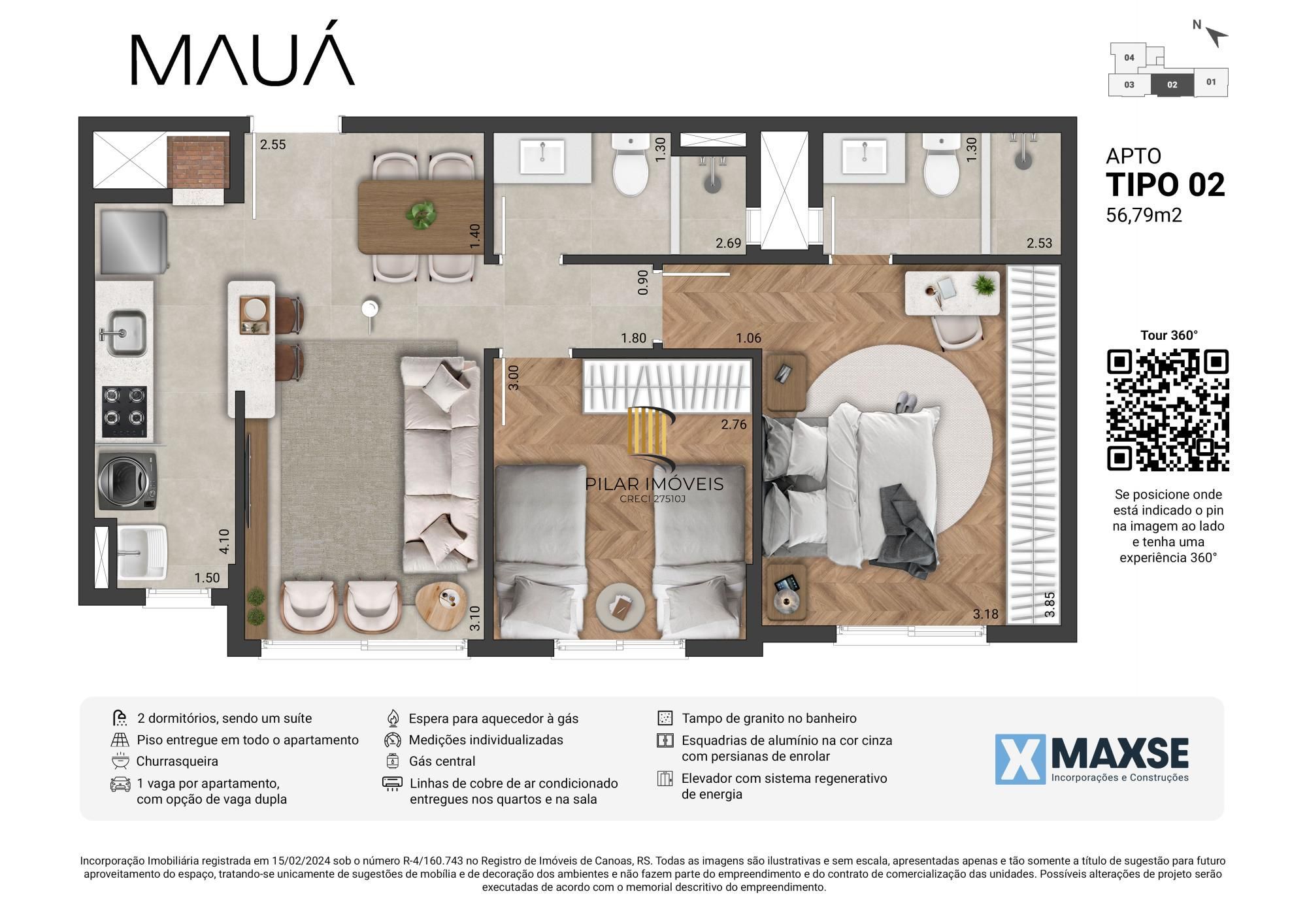 Apto novo, 02 dorm, 58 m2, 01 vaga, Bairro Fátima Canoas, Elevador, Gás encanado