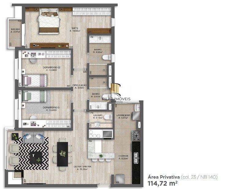 Apartamento para Venda - 114m², 3 dormitórios, Três Figueiras