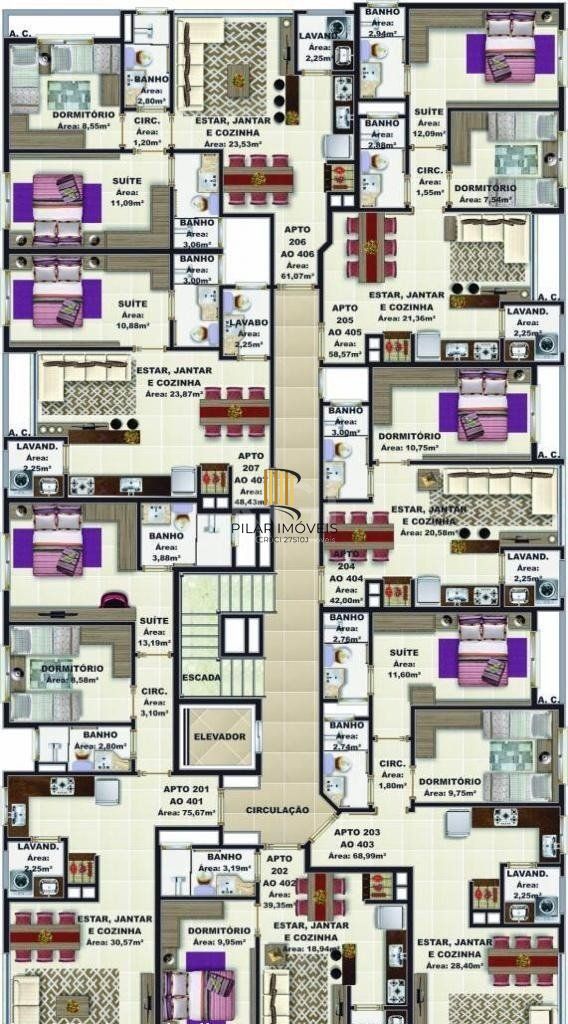 Apartamento para Venda - 58.48m², 2 dormitórios, sendo 10 suites, 1 vaga - Centro