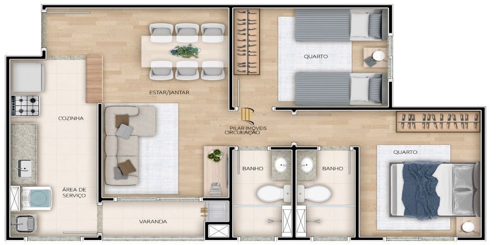 PORTO NOBRE vende apartamento 2 dormitórios, sendo 1 suíte, com varanda e churrasqueira