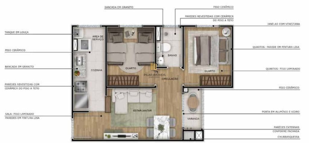 PORTO NOBRE vende apartamento no Jardim Planalto, com 2 dormitórios e varanda com churrasqueira