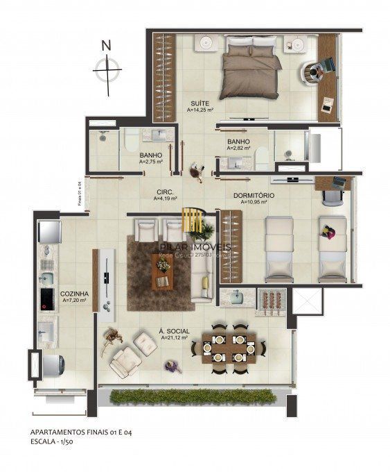 Apartamento para Venda - 65.15m², 2 dormitórios, sendo 1 suites, 1 vaga - Centro