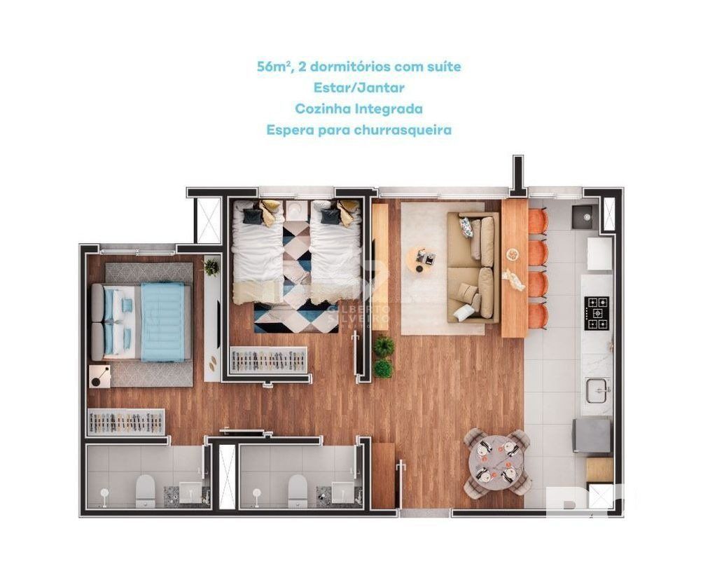 Apartamento de 2 dormitórios, suíte e espera para churrasqueira ou lareira.