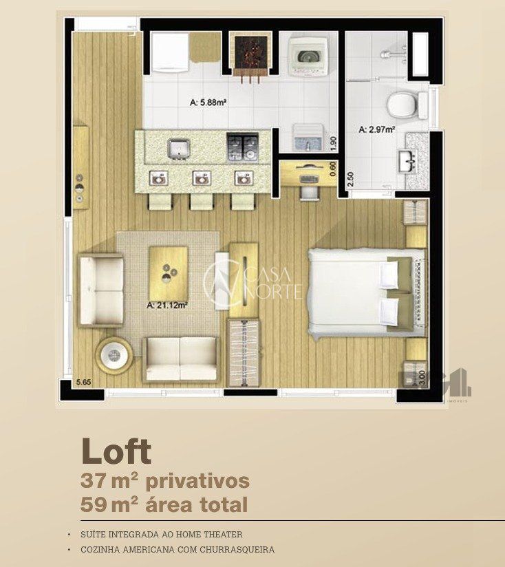 Apartamento à venda com 1 quarto, 37m², 1 vaga, Rua Valdir Antônio Lopes no bairro Três Figueiras em Porto Alegre