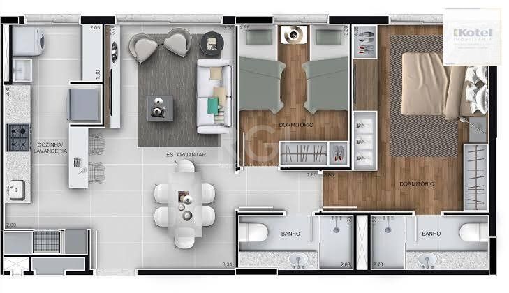 Apartamento para Venda - 60.6m², 2 dormitórios, sendo 1 suites, 1 vaga - Marechal Rondon