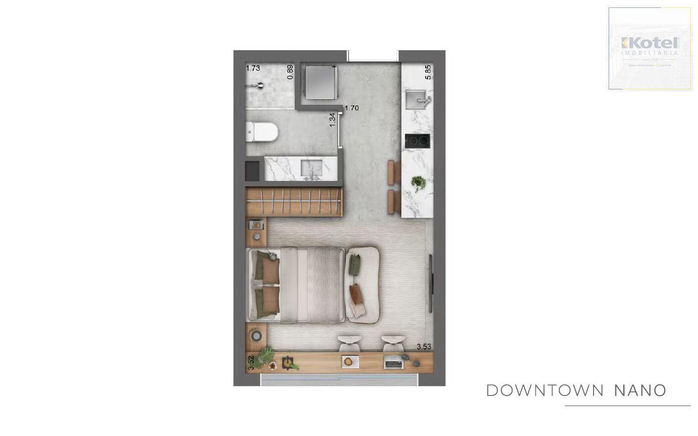 Studio com 32,7m² privativos, no Trend Downtown