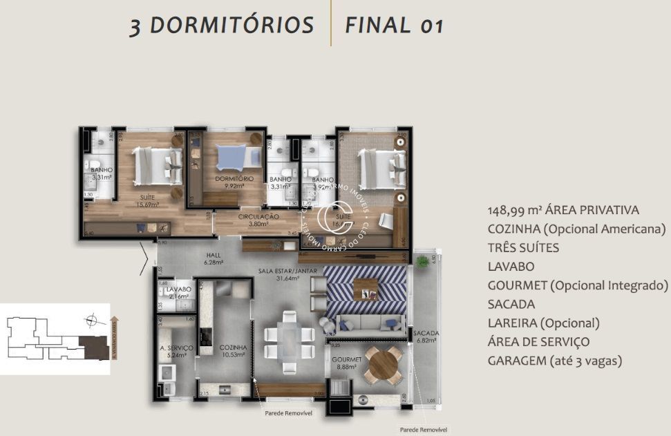 Apartamento à venda com 3 quartos, 152m² - Foto 2