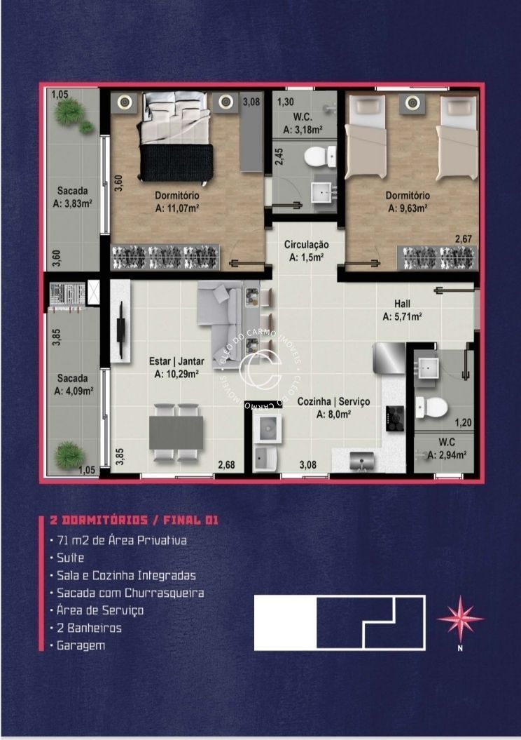 Apartamento à venda com 2 quartos, 71m² - Foto 3