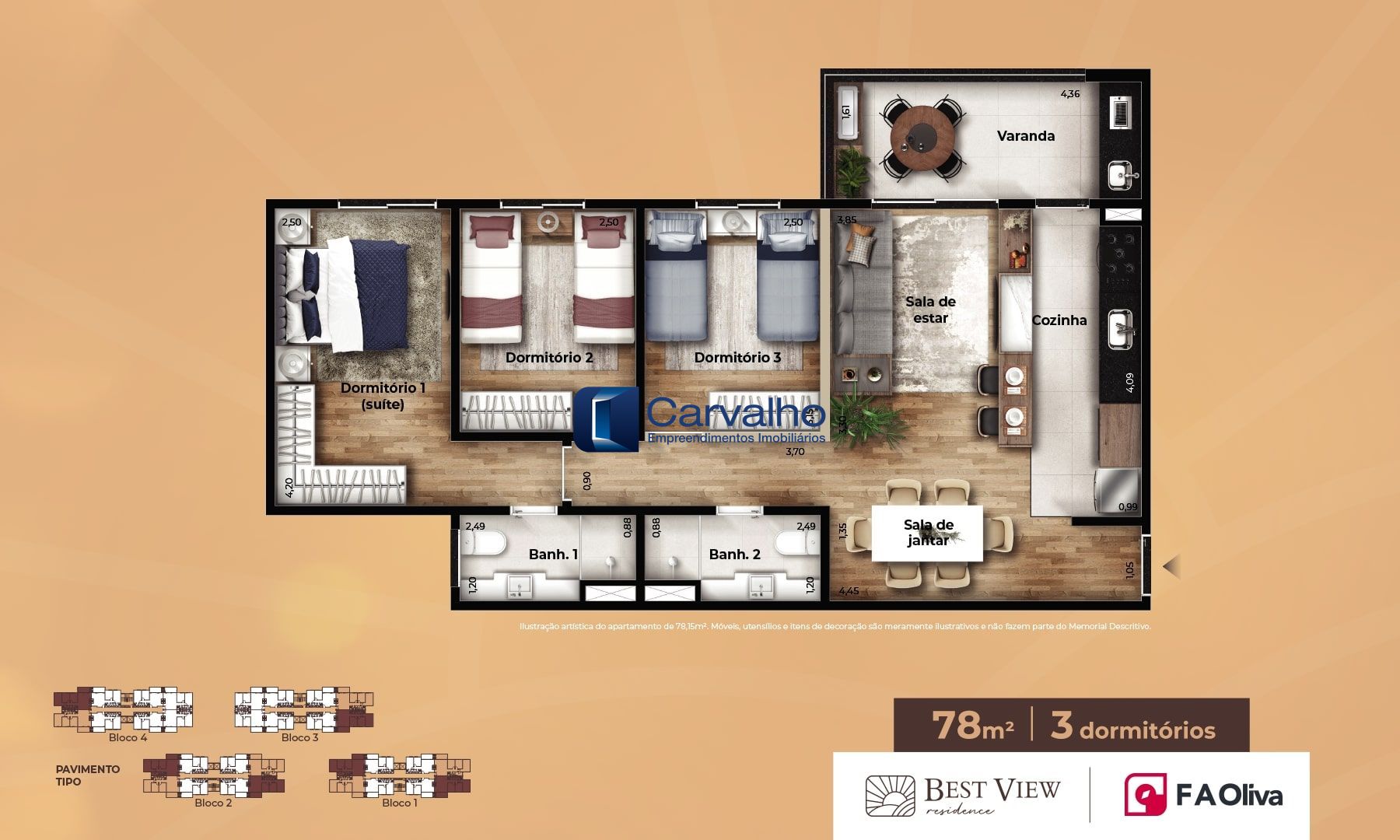 Apartamento a venda com três dormitórios  sendo um suíte, com 78m² no Swiss Parck.