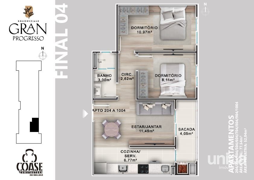 Apartamento 02 dormitório no ed Gran Progresso em camobi - entrega Set/27
