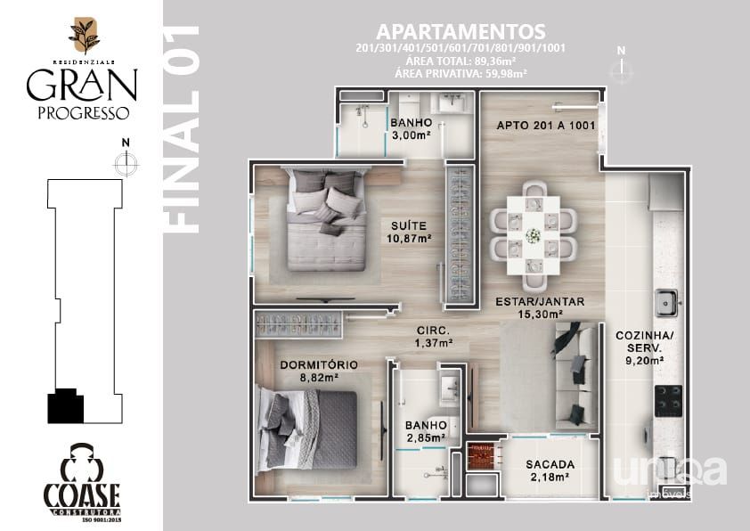 Apartamento 02 dormitório Suíte no ed Gran Progresso em camobi - entrega Set/27